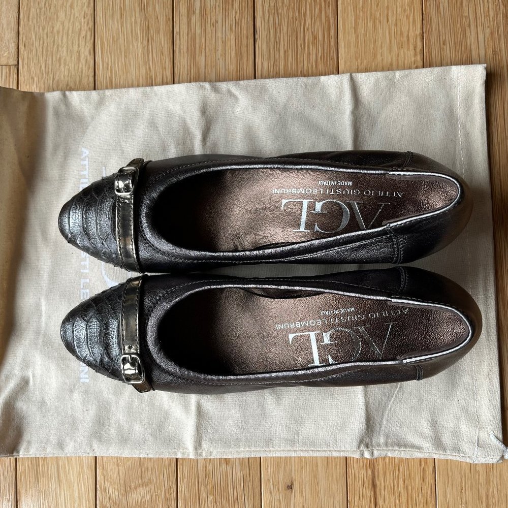 AGL Attilio Giusti Leombruni Slate Snake Cap Metallic Wedges 37.5 (7.5 US)